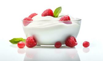 macro of a bowl of yogurt and berries white background, ai generative photo