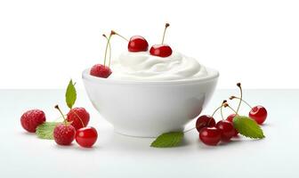 macro of a bowl of yogurt and berries white background, ai generative photo