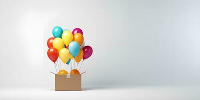 balloons coming out of a cardboard box blank space, ai generative photo