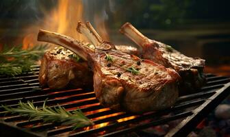 macro of lamb chops on grill, ai generative photo