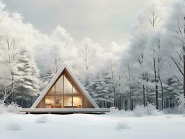 triangular cabin in winter snowy forest, ai generative photo