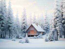 triangular cabin in winter snowy forest, ai generative photo