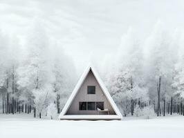 triangular cabin in winter snowy forest, ai generative photo