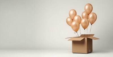 balloons coming out of a cardboard box blank space, ai generative photo