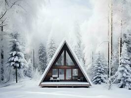 triangular cabin in winter snowy forest, ai generative photo