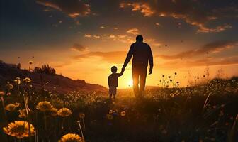 padre y hijo silueta en flor campo a atardecer, ai generativo foto