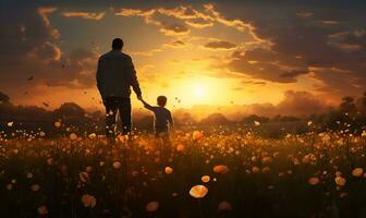 padre y hijo silueta en flor campo a atardecer, ai generativo foto