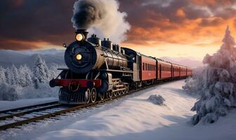 steam train in winter road full of snow, ai generative photo