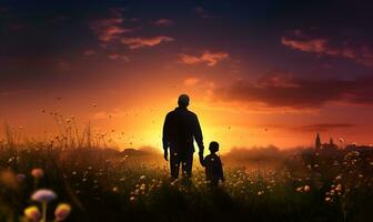 father and son silhouette in flower field at sunset, ai generative photo