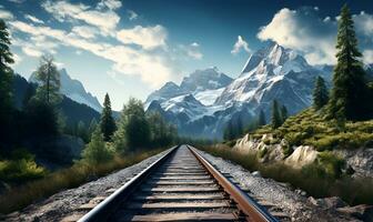 macro railroad track in forest mountains, ai generative photo