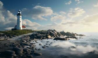 view of rocky seafront with lighthouse, ai generative photo