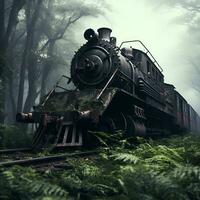 abandoned steam train in the forest, ai generative photo