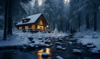 triangular cabina en invierno Nevado bosque, ai generativo foto