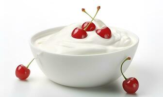 macro of a bowl of yogurt and berries white background, ai generative photo