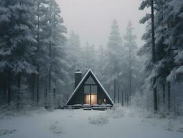 triangular cabin in winter snowy forest, ai generative photo