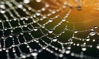 agua gotas en araña web, generativo ai foto