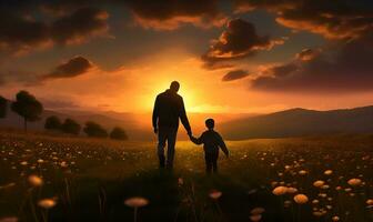 father and son silhouette in flower field at sunset, ai generative photo