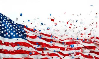 american flag and confetti white background blank space, ai generative photo