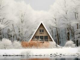 triangular cabin in winter snowy forest, ai generative photo