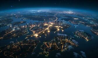 view of night city lights from the sky aerial view, ai generative photo