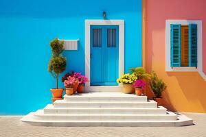 Colorful house with door window and stairs AI Generative photo
