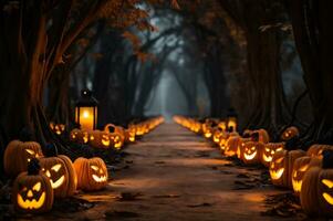 Glowing spooky pumpkin lantern light up AI Generative photo