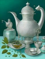 ancient tea tradition in silver teapot and mint leaves illustration photo