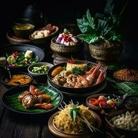 Assorted various Thailand food on a dark rustic background,Generative AI photo