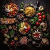 Assorted various Italian food on a dark rustic background,Generative AI. photo