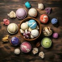 Ice cream , multi color, world, nuts, marshmallows, chocolate, rustic style background, copy space,Generative AI. photo