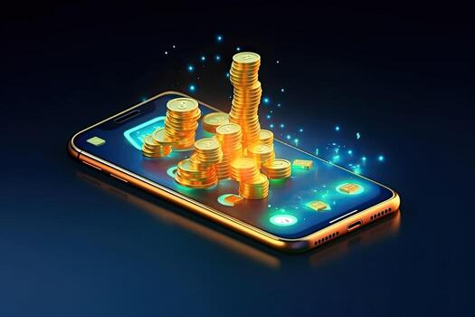 dorado monedas volviendo espalda desde oscuro moderno teléfono inteligente en ligero fondo, 3d renderizado, copia espacio.generativo ai foto