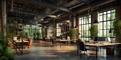 Industrial coworking office interior. 3D rendering,Generative AI. photo