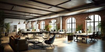 Loft coworking office interior. 3D rendering,Generative AI. photo