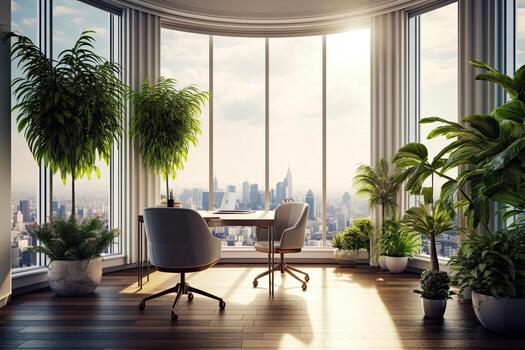 Modern office , interior with plant. 3D,Generative AI. photo