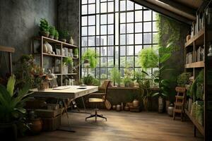 Loft ,Rustic office ,interior with plant. 3D ,Generative AI. photo