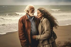 Beautiful family , senior couple by the ocean behind the beautiful sea, created with generative ai. photo