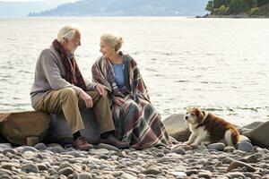 Beautiful family , senior couple by the ocean behind the beautiful sea, created with generative ai. photo