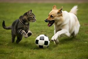 Cat and dog playing soccer ball on green summer grass. generative AI. photo