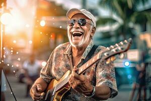 Happy Senior etired , play guitar fun .Generative AI photo