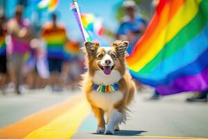 Happy dog dress up fashion and walk in the event LGBTQ, generative AI. photo