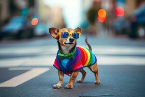 Happy dog dress up fashion and walk in the event LGBTQ, generative AI. photo