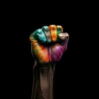 A raised fist colored with the rainbow color for lgbtq community black background, generative AI photo