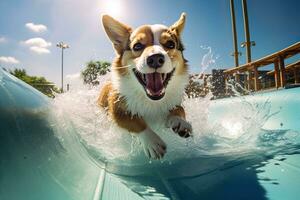 The happy cat riding on the slide in the aqua park, generative AI. photo