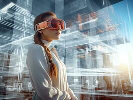 Young woman enjoying Future digital vr technology and entertainment. Space exploration with augmented reality glasses.Generative AI . photo