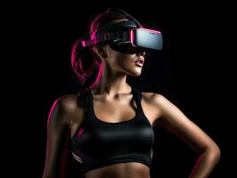 Sport girl appearance wears vr glasses for playing sports, generative AI. photo