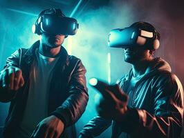 Two young men enjoying VR. Generative AI . photo