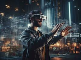 Future architectural engineer man  use gestures to create 3D graphics VFX models of work.created with Generative AI photo