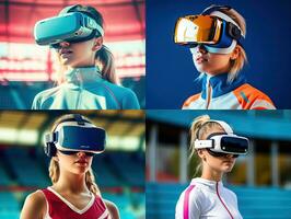 4 picture of young sportfemale. enjoying VR. Generative AI . photo