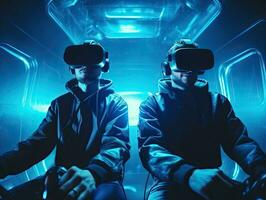 Two young men enjoying VR. Generative AI . photo