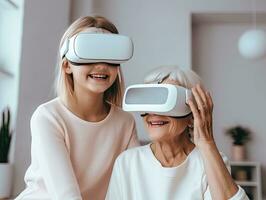 contento familia de nieto y abuelos en vr lentes jugando vídeo juegos disfrutar virtual mundo en vivo habitación. generativo ai . foto